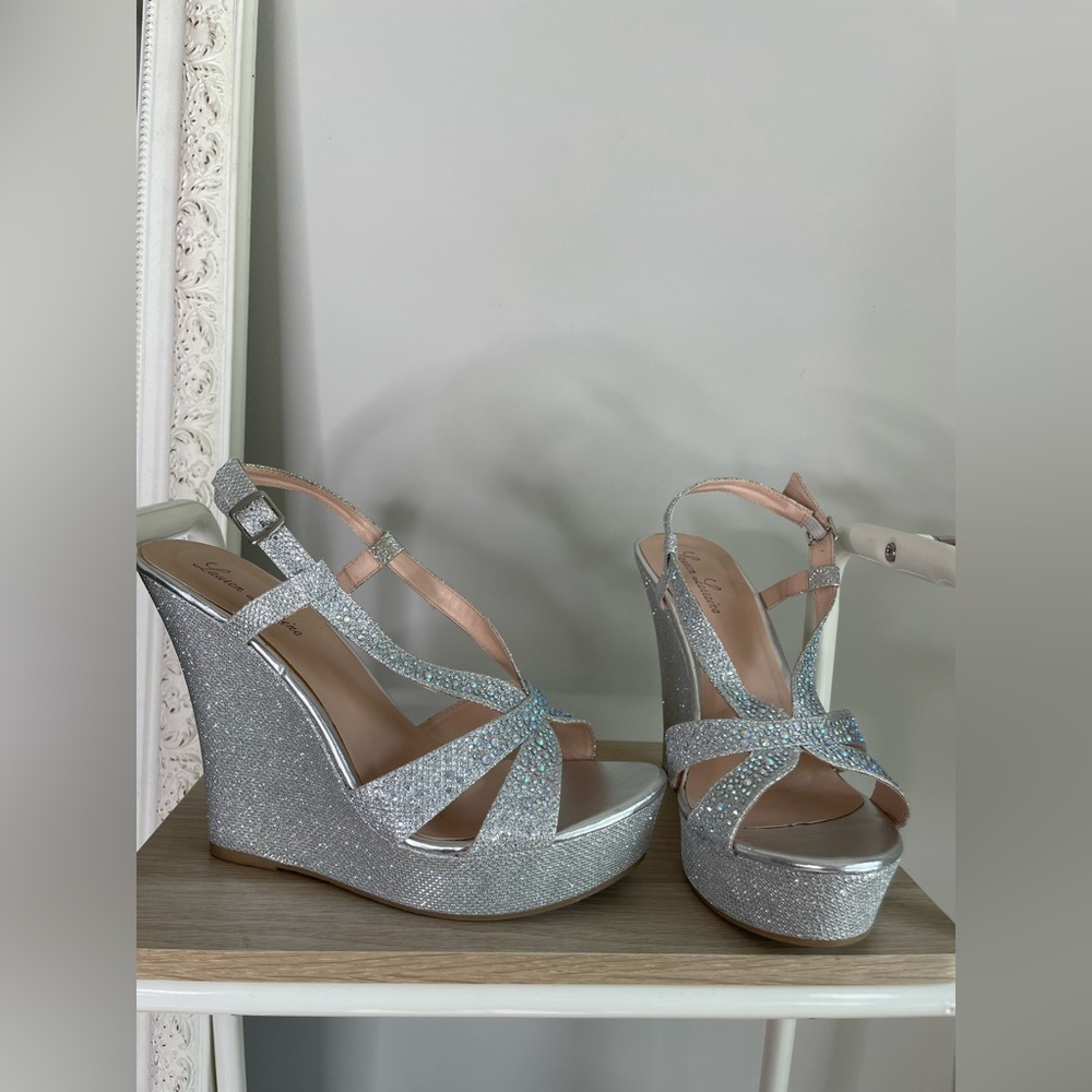 Lauren Lorraine Silver Glitter Wedge Sandals